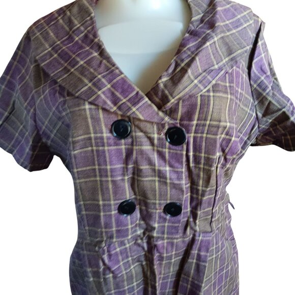 Vintage 14 Dress 1950's Plaid Double-Breasted Handmade 1of1 MCM Purple/Gold - Picture 2 of 7